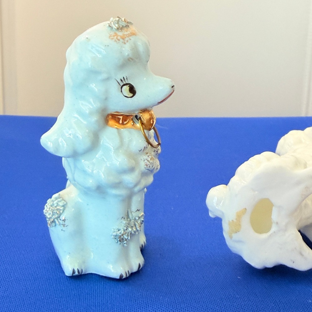 Vintage Ceramic Poodle Figurines Set of 4 Mid Century Spaghetti Blue White Dogs - Picture 10 of 16